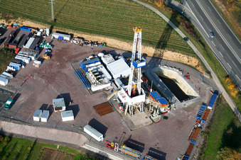 Aerial view of Test drilling for geo thermal power station in Insheim in the state Rhineland-Palatinate