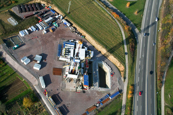 Drilling rig at the geothermal power plant Insheim in Insheim in the state Rhineland-Palatinate, Germany seen from above