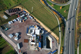 Drilling rig at the geothermal power plant Insheim in Insheim in the state Rhineland-Palatinate, Germany from the plane