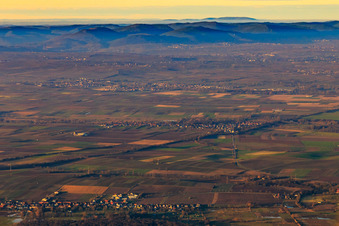 View of the town from the south in winter with a view to the Donnersberg in Winden in the state Rhineland-Palatinate, Germany