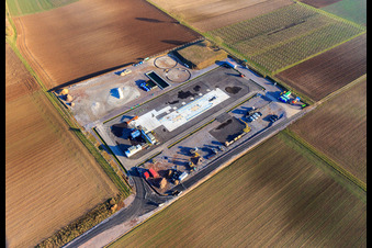 Aerial view of Construction site of the V20 deep drilling site of Vulcan Energy at Schleidberg for the extraction of geothermal energy and lithium in Insheim in the state Rhineland-Palatinate, Germany