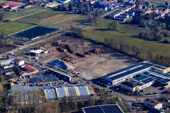 Construction site for the development of the new logistics park of HANSAINVEST and DFI-Real-Estate Kandel after demolition of the OBI market in the district Minderslachen in Kandel in the state Rhineland-Palatinate, Germany