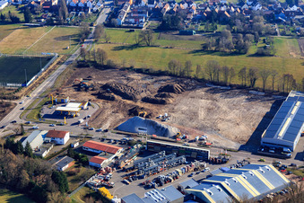 Aerial view of Construction site for the development of the new logistics park of HANSAINVEST and DFI-Real-Estate Kandel after demolition of the OBI market in the district Minderslachen in Kandel in the state Rhineland-Palatinate, Germany