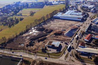 Aerial photograpy of Construction site for the development of the new logistics park of HANSAINVEST and DFI-Real-Estate Kandel after demolition of the OBI market in the district Minderslachen in Kandel in the state Rhineland-Palatinate, Germany