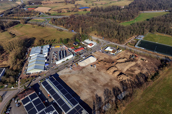 Construction site for the development of the new logistics park of HANSAINVEST and DFI-Real-Estate Kandel after demolition of the OBI market in the district Minderslachen in Kandel in the state Rhineland-Palatinate, Germany from above