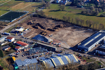Aerial view of Construction site for the development of the new logistics park of HANSAINVEST and DFI-Real-Estate Kandel after demolition of the OBI market in Erlenbach bei Kandel in the state Rhineland-Palatinate, Germany
