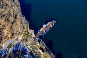 Aerial view of Rhine ferry to Leopoldshafen in Leimersheim in the state Rhineland-Palatinate, Germany