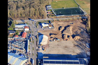 Construction site for the development of the new logistics park of HANSAINVEST and DFI-Real-Estate Kandel after demolition of the OBI market in the district Minderslachen in Kandel in the state Rhineland-Palatinate, Germany seen from above