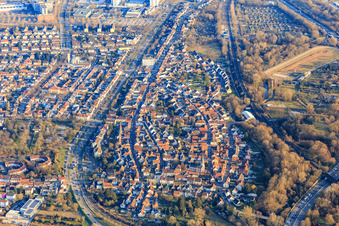 View of the town from the northeast in the district Knielingen in Karlsruhe in the state Baden-Wuerttemberg, Germany