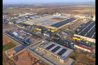 Interpark industrial area from the west with Guth Ventiltechnik GmbH, K2 Verpackungen GmbH & Co. KG in Offenbach an der Queich in the state Rhineland-Palatinate, Germany