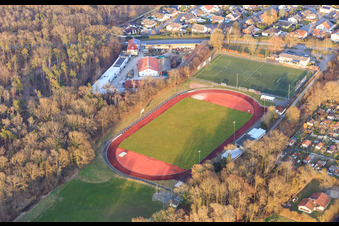 Aerial photograpy of Franz Hage Stadium in Bellheim in the state Rhineland-Palatinate, Germany