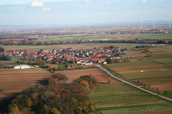 Aerial view of Village view from the west in Freisbach in the state Rhineland-Palatinate, Germany