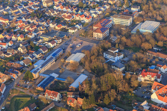 Town hall of the local community and the association of municipalities Bellheim, secondary school plus and primary school as well as Spiegelbachhalle in Bellheim in the state Rhineland-Palatinate, Germany