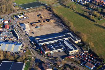 Bird's eye view of Construction site for the development of the new logistics park of HANSAINVEST and DFI-Real-Estate Kandel after demolition of the OBI market in the district Minderslachen in Kandel in the state Rhineland-Palatinate, Germany