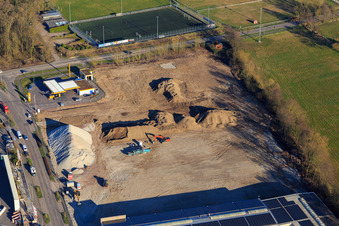 Construction site for the development of the new logistics park of HANSAINVEST and DFI-Real-Estate Kandel after demolition of the OBI market in the district Minderslachen in Kandel in the state Rhineland-Palatinate, Germany viewn from the air