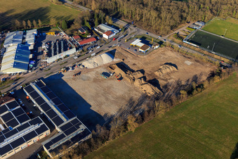 Drone recording of Construction site for the development of the new logistics park of HANSAINVEST and DFI-Real-Estate Kandel after demolition of the OBI market in the district Minderslachen in Kandel in the state Rhineland-Palatinate, Germany