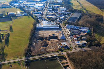 Drone image of Construction site for the development of the new logistics park of HANSAINVEST and DFI-Real-Estate Kandel after demolition of the OBI market in the district Minderslachen in Kandel in the state Rhineland-Palatinate, Germany