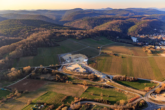 Construction site of the eastern tunnel portal for the Astrid Tunnel for the underpass and bypass of Bad Bergzabern between B38 (Weinstraße) and B427 (Kurtalstraße) in Dörrenbach in the state Rhineland-Palatinate, Germany seen from above
