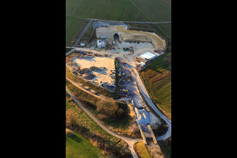 Construction site of the eastern tunnel portal for the Astrid Tunnel for the underpass and bypass of Bad Bergzabern between B38 (Weinstraße) and B427 (Kurtalstraße) in Dörrenbach in the state Rhineland-Palatinate, Germany from the plane
