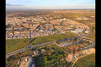 Aerial view of District on C. Leopoldo Alas "Clarín" behind the garbage collection point Punto Limpio in Dos Hermanas in the state Seville, Spain