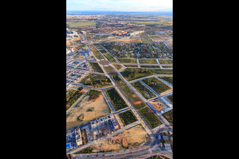 Aerial view of Development of new residential and commercial areas along Av. Rafael Escuredo Rodríguez and Menasalbas Park in Dos Hermanas in the state Seville, Spain