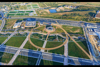 Aerial view of Research and Development Park Dehesa de Valme, Ciudad del Conocimiento in front of the Universidad Loyola (Sevilla Campus) at the Lago de la Vida Park in Dos Hermanas in the state Seville, Spain