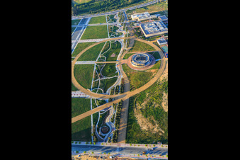 Oblique view of Research and Development Park Dehesa de Valme, Ciudad del Conocimiento in front of the Universidad Loyola (Sevilla Campus) at the Lago de la Vida Park in Dos Hermanas in the state Seville, Spain