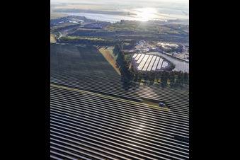 Aerial photograpy of Huge photovoltaic solar power plant PFV DON RODRIGO at the waste incineration plant in Alcalá de Guadaíra in the state Seville, Spain