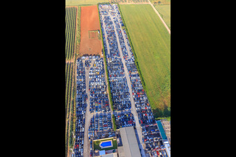 Rows of stacked old vehicles at the Desguace Siglo 21 scrapyard in Dos Hermanas in the state Seville, Spain from above