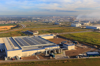 Aerial view of Olive oil bottling company Ybarra Food Group and Aceites La Masía in Dos Hermanas in the state Seville, Spain