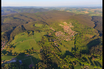 Oblique view of View of the village in the Northern Vosges from the west below the Château de Lichtenberg in Lichtenberg in the state Bas-Rhin, France