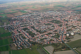 Aerial view of Town View of the streets and houses of the residential areas in Hassloch in the state Rhineland-Palatinate