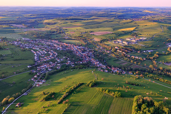 Aerial view of Overview of the town from the south in Oermingen in the state Bas-Rhin, France