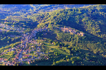Aerial photograpy of View of the hilly Alsace region of the Northern Vosges with Lützelstein Castle / Château de La Petite-Pierre in the morning from the north in La Petite-Pierre in the state Bas-Rhin, France