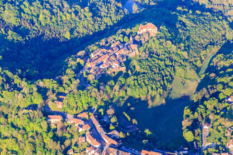 Aerial view of Lützelstein Castle / Château de La Petite-Pierre in the morning from the north in La Petite-Pierre in the state Bas-Rhin, France