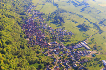 Aerial view of View of the village on the edge of the Northern Vosges from the northwest in Saint-Jean-Saverne in the state Bas-Rhin, France