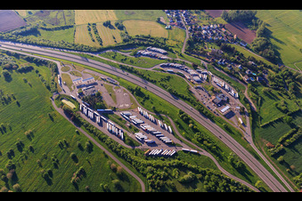 Aerial view of Aire de Saverne motorway council area Eckartswiller on the A4 in Eckartswiller in the state Bas-Rhin, France