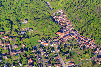 Aerial view of Église Sainte Marie Auxiliatrice and Rue du Cimetière in Ottersthal in the state Bas-Rhin, France