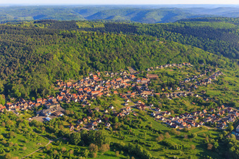 View of the village on the edge of the Northern Vosges from the southeast in Saint-Jean-Saverne in the state Bas-Rhin, France