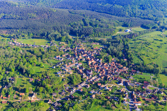 Aerial view of Village view on the edge of the Northern Vogense from the south in Weiterswiller in the state Bas-Rhin, France