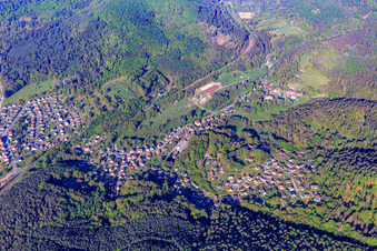 View of the valley of the Moder with Château Hochberg from the north in Wingen-sur-Moder in the state Bas-Rhin, France