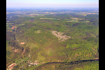 Aerial view of Village view in the Northern Vogense from the east in Rosteig in the state Bas-Rhin, France