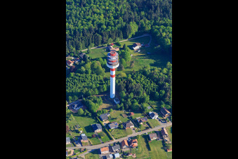 Aerial view of Tour hertzienne de Goetzenbruck transmission tower in the Northern Vosges from the west in Goetzenbruck in the state Moselle, France
