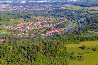 View of the town on the Saar and the Canal des houllères de la Sarre from the southeast in Wittring in the state Moselle, France