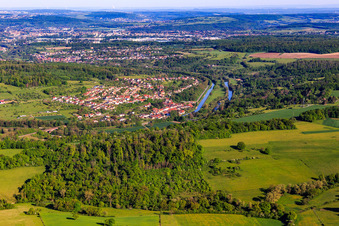Aerial view of View of the town on the Saar and the Canal des houllères de la Sarre from the southeast in Wittring in the state Moselle, France