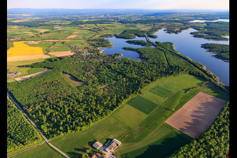Aerial view of Canal des houllères de la Sarre crosses the lakes Ètang des femmes and Stockweiher in Langatte in the state Moselle, France