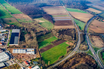 Aerial view of A65 motorway exit 20 Kandel Nord in Erlenbach bei Kandel in the state Rhineland-Palatinate, Germany