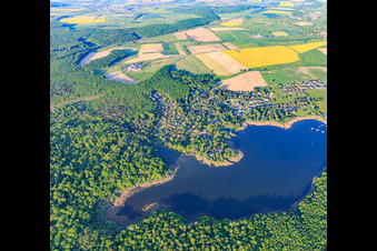 Aerial view of View of the village at the Ètang des femmes in Langatte in the state Moselle, France