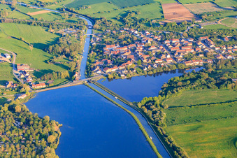 Aerial view of View of the town on the Rhine Marne Canal in Gondrexange in the state Moselle, France