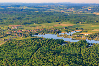 View of the town at Lake Mittersheim from the west in Mittersheim in the state Moselle, France